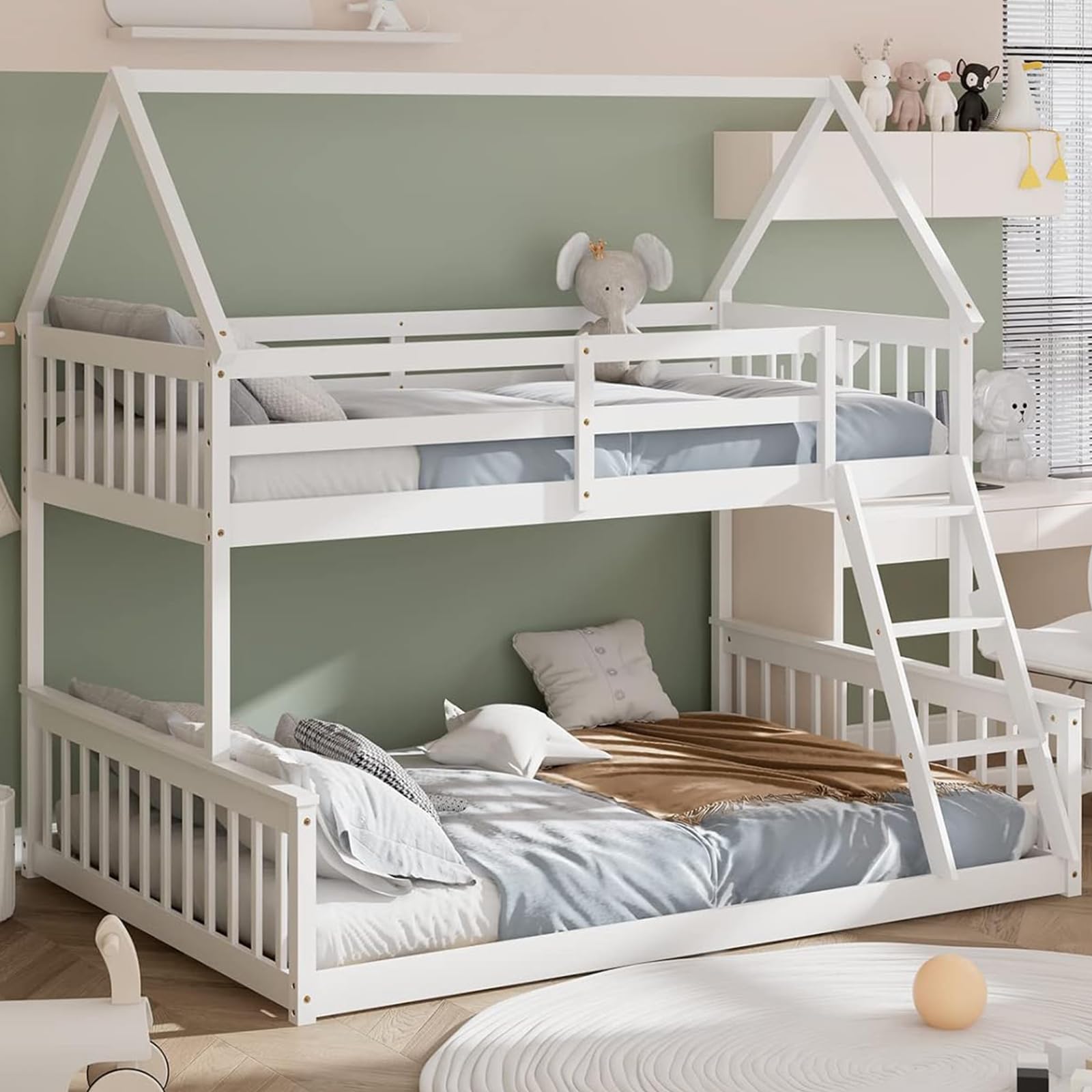 Giantex Bunk Beds Twin Over Full Size, Solid Wood House Bed Frame